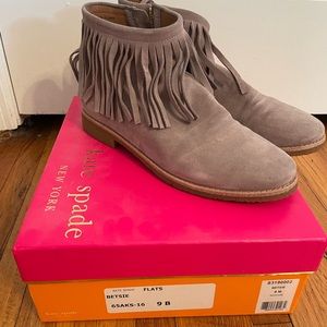 Gray suede Kate Spade fringe ankle boots